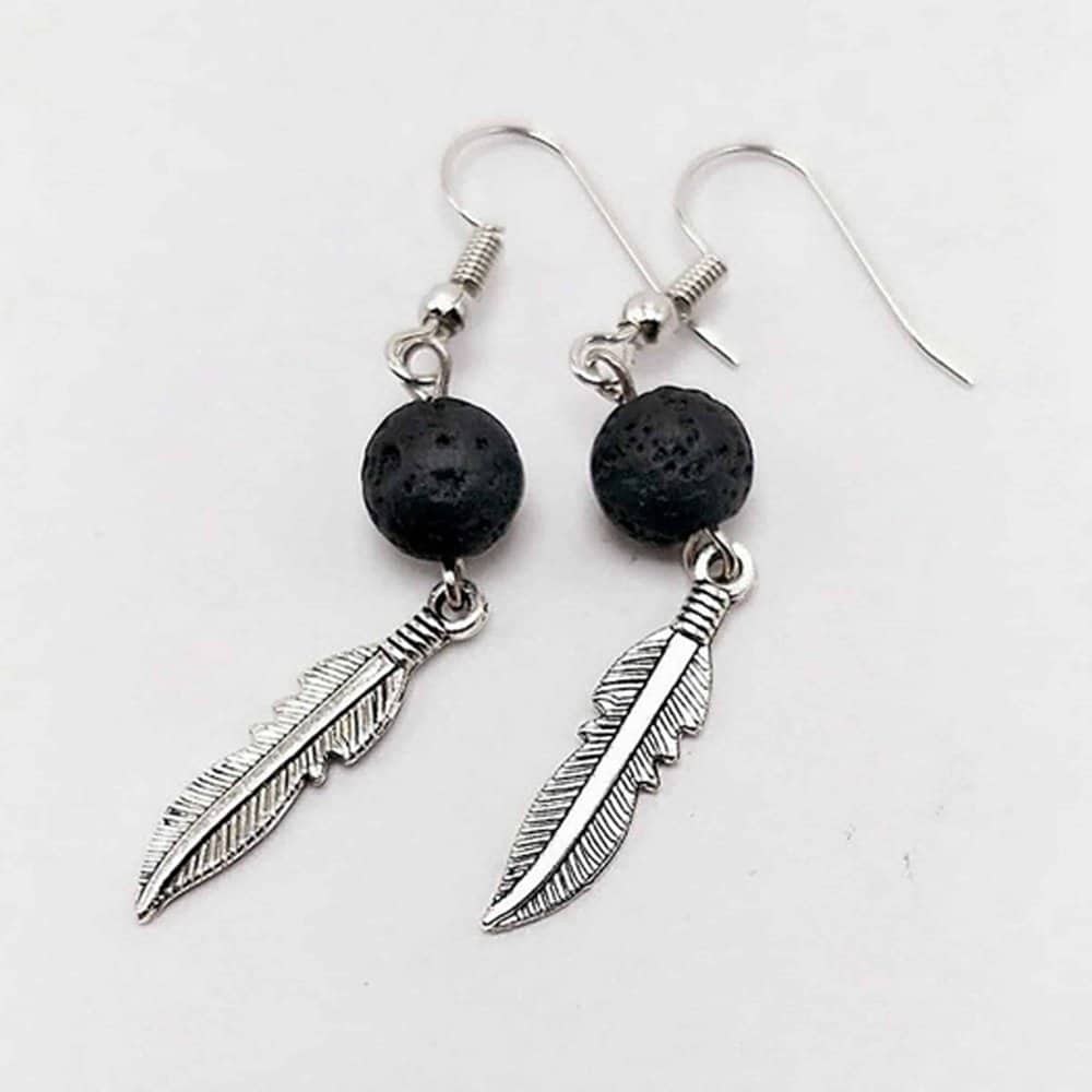 feather leaf charm lava stone essential oil diffuser aromatherapy earrings