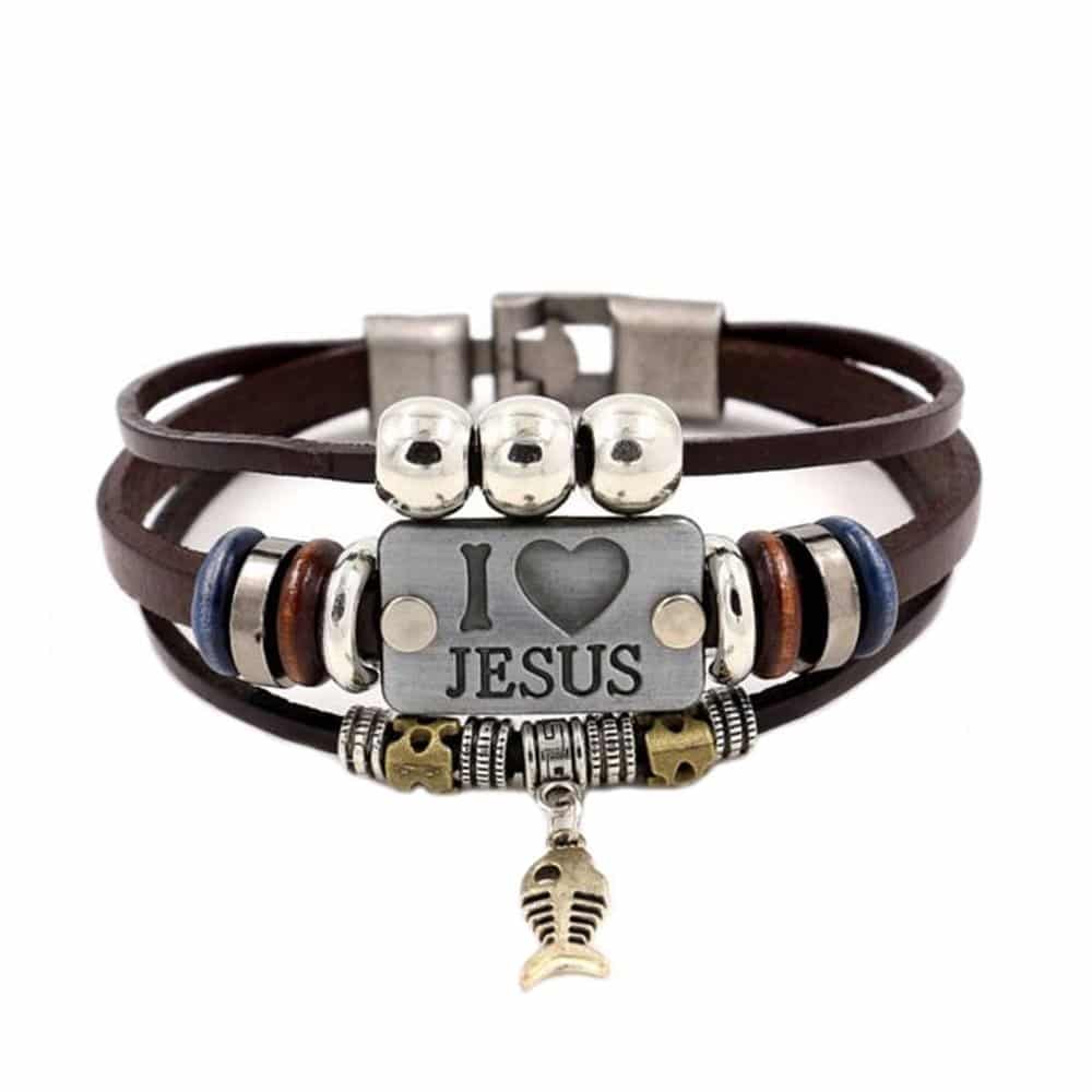 I Love Jesus Charm Unisex Steel & Leather Bracelet- M/L
