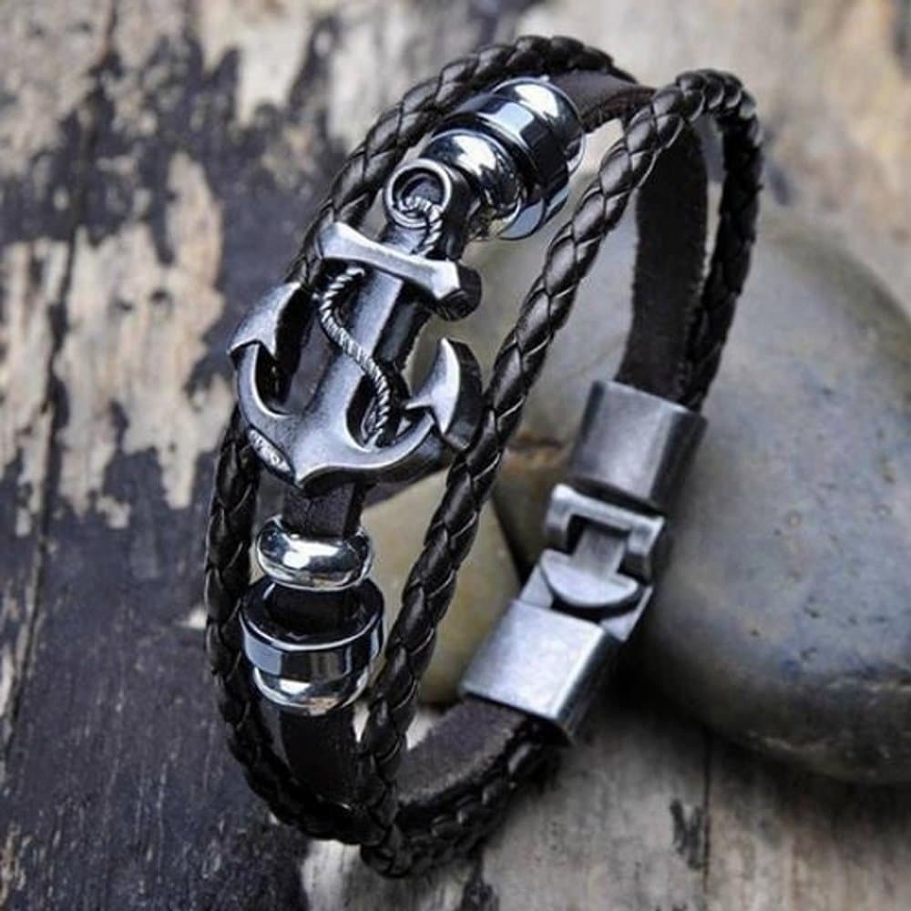 Unisex Stainless Steel Anchor Charm & Leather Bracelet- L/XL