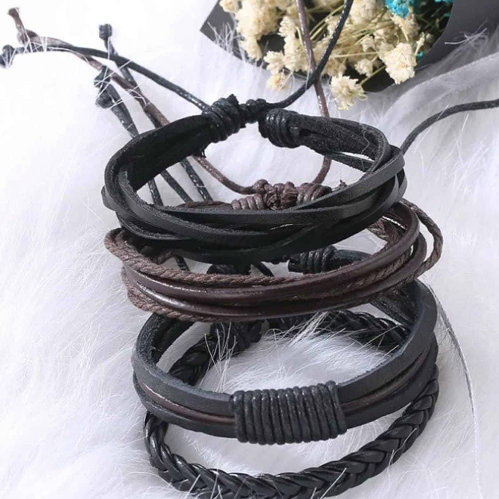 Handmade Layered Rope Chain Vegan PU Leather Bracelet- L/XL