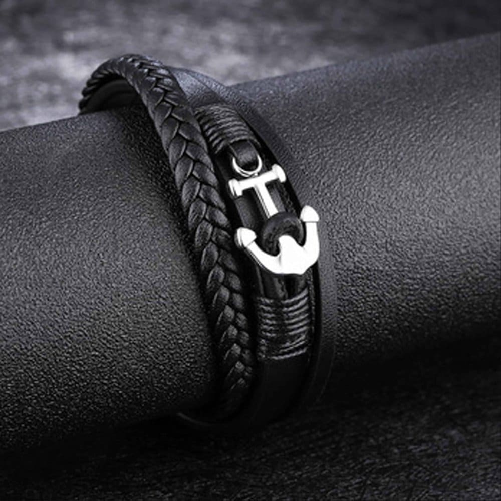 Vegan PU Leather & Stainless Steel Anchor Charm Bracelet- M/L