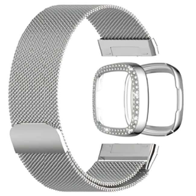 Milanese stra and PC case with diamond for Fitbit Versa 3 ,Sense - Gold Combo