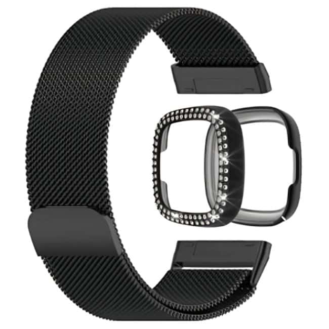 Milanese stra and PC case with diamond for Fitbit Versa 3 ,Sense - Gold Combo