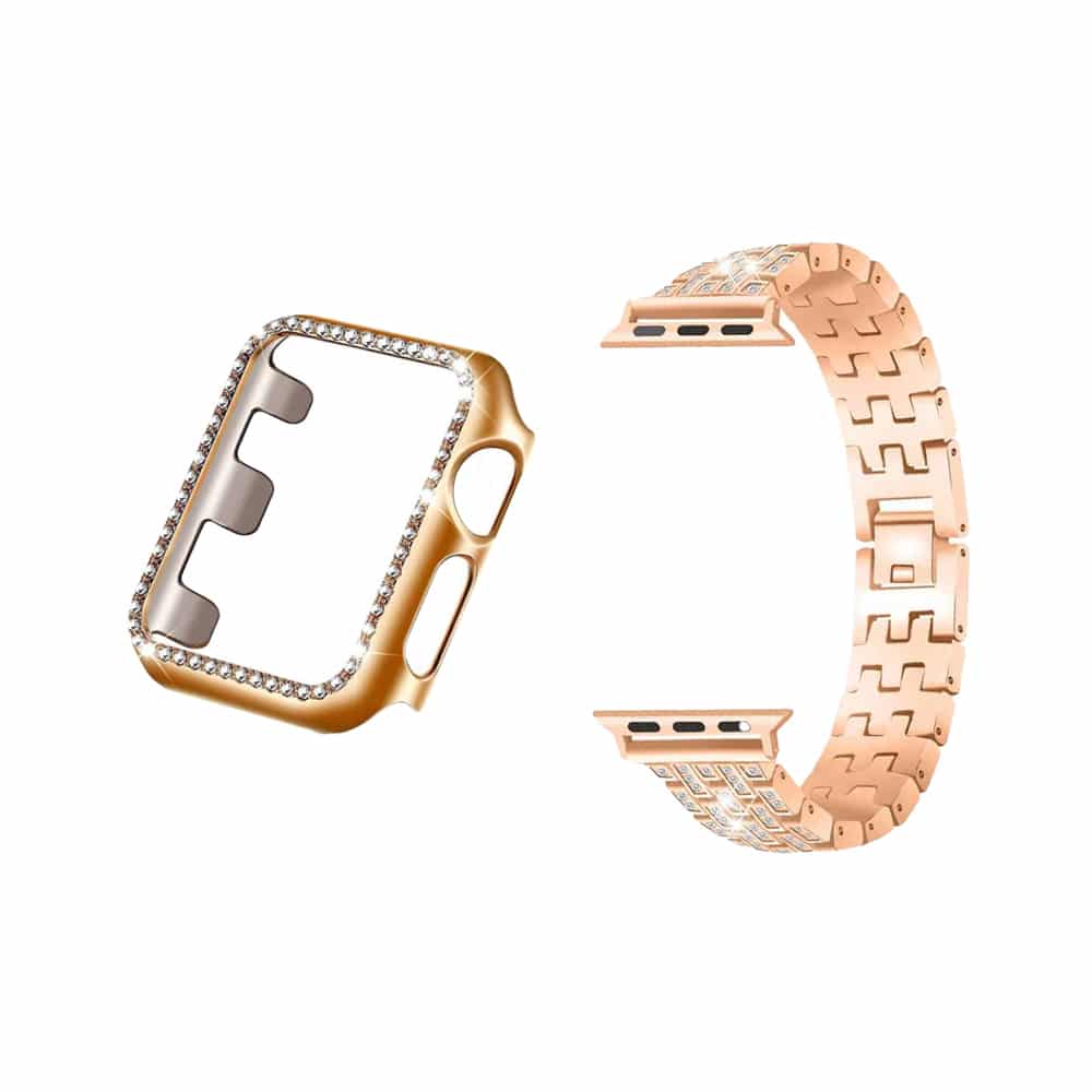 38mm Apple Watch Rhinestone PC Shiny Protective Frame + stainless-steel strap - Rose Gold