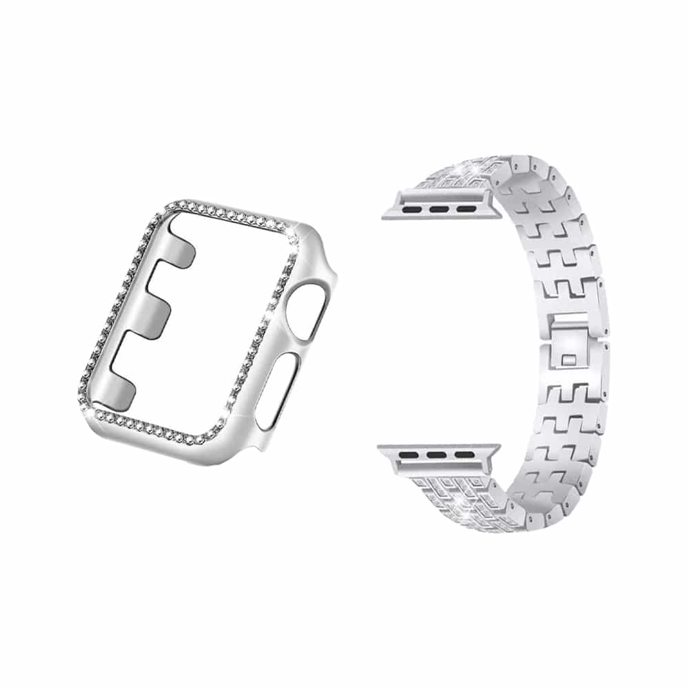 38mm Apple Watch Rhinestone PC Shiny Protective Frame + stainless-steel strap - Silver