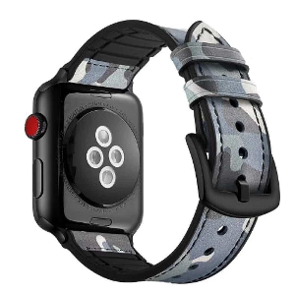 Genuine Leather & Silicone Strap for 42/44/45/49mm Apple Watch- Blue Camo