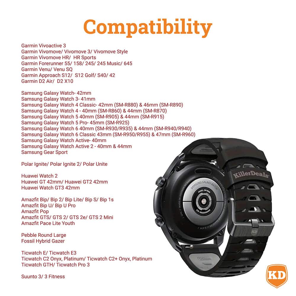 22mm Universal Watch Silicone Strap for Garmin Samsung Huawei- Black & Grey