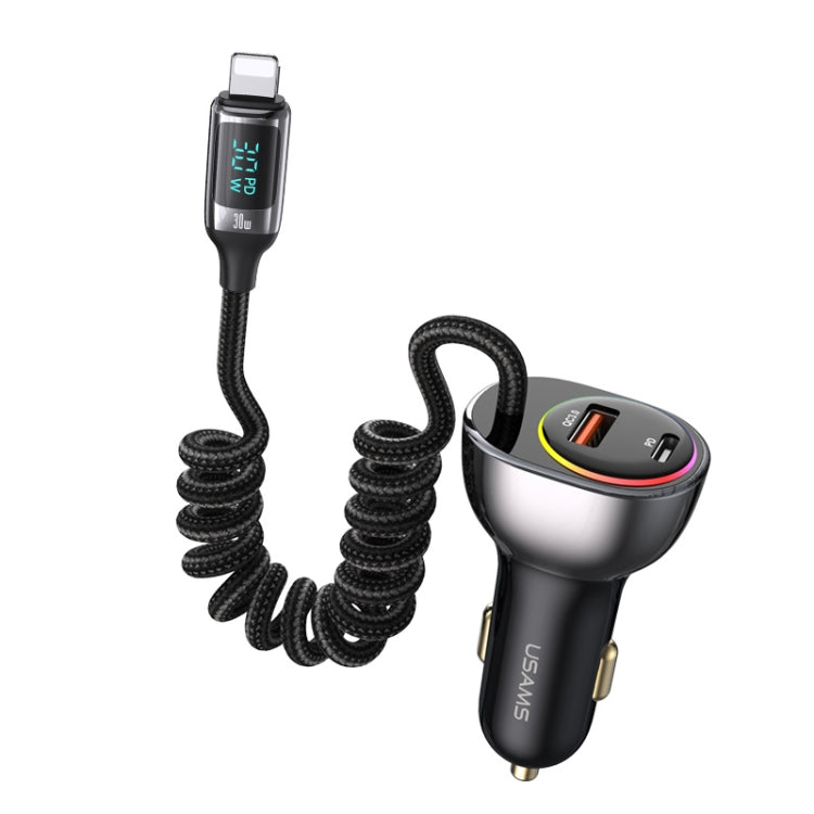 USAMS US CC193 C37 60W Type C USB Dual Port Car Charger with Digital Display 30W 8 Pin Spring Data Cable Tarnish