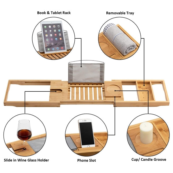 Bathtub Caddy Tray Natural Bamboo Wood Adjustable Bathtub Caddy and Bed Tray