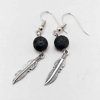 feather leaf charm lava stone essential oil diffuser aromatherapy earrings