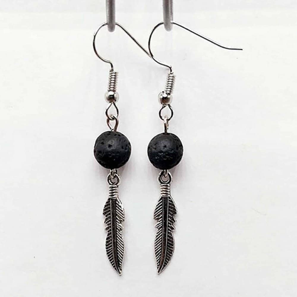 feather leaf charm lava stone essential oil diffuser aromatherapy earrings