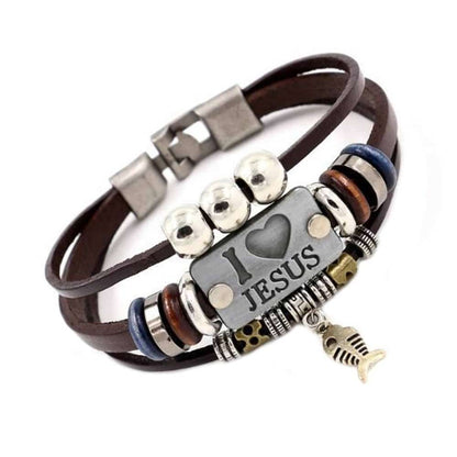 I Love Jesus Charm Unisex Steel & Leather Bracelet- M/L