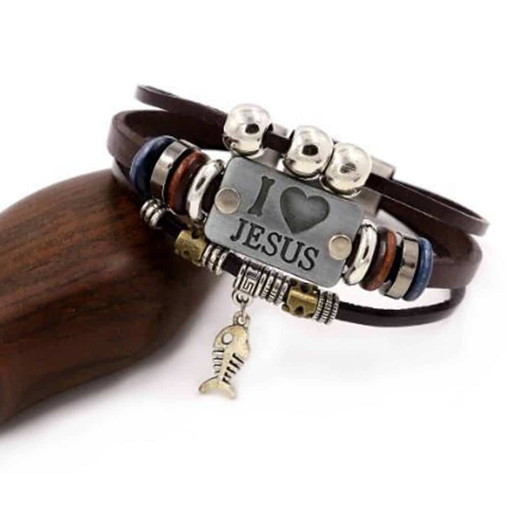 I Love Jesus Charm Unisex Steel & Leather Bracelet- M/L