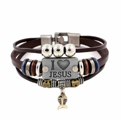 I Love Jesus Charm Unisex Steel & Leather Bracelet- M/L