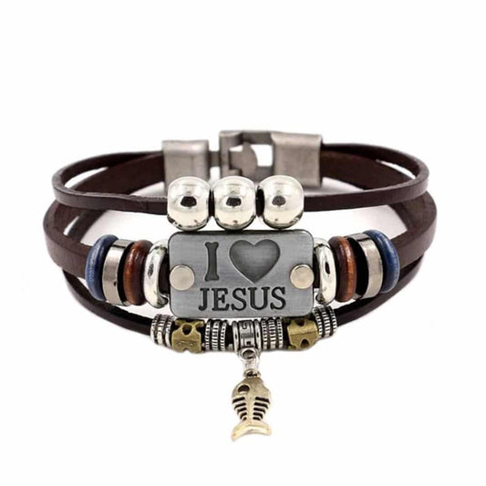 I Love Jesus Charm Unisex Steel & Leather Bracelet- M/L