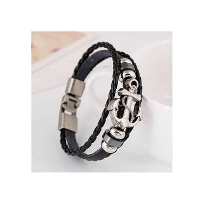 Unisex Stainless Steel Anchor Charm & Leather Bracelet- L/XL