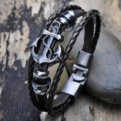 Unisex Stainless Steel Anchor Charm & Leather Bracelet- L/XL