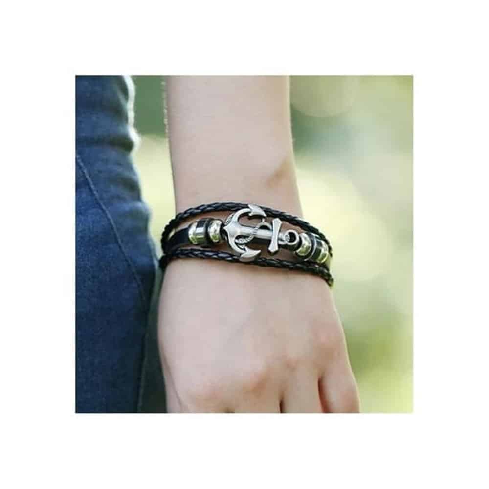 Unisex Stainless Steel Anchor Charm & Leather Bracelet- L/XL