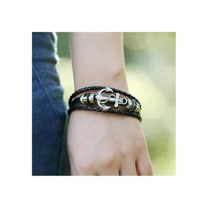 Unisex Stainless Steel Anchor Charm & Leather Bracelet- L/XL