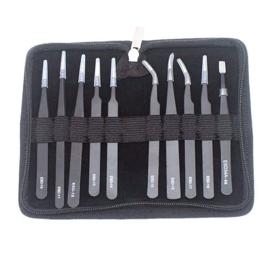 10-Piece Stainless Steel Anti-Static/Corrosion Precision Tweezer Set