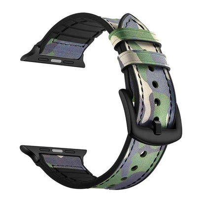 Genuine Leather & Silicone Strap for 42/44/45/49mm Apple Watch- Green Camo