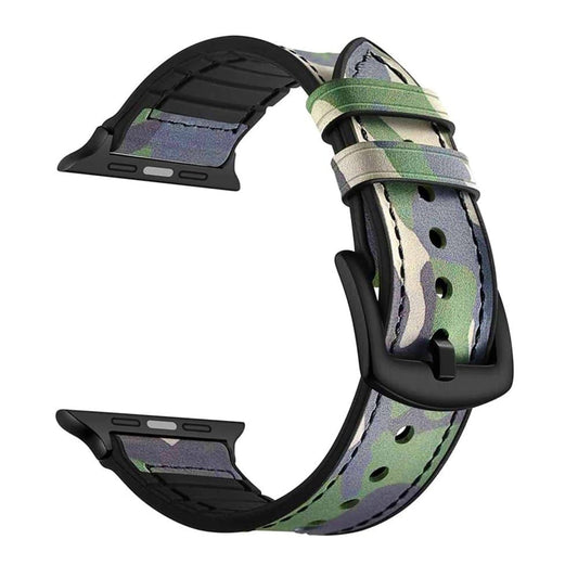 Genuine Leather & Silicone Strap for 42/44/45/49mm Apple Watch- Green Camo