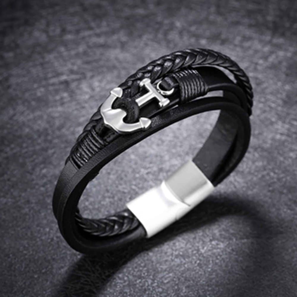 Vegan PU Leather & Stainless Steel Anchor Charm Bracelet- M/L
