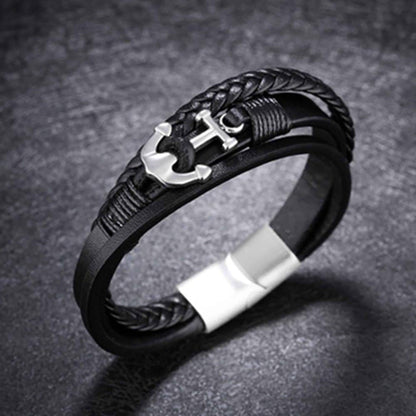Vegan PU Leather & Stainless Steel Anchor Charm Bracelet- M/L