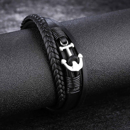 Vegan PU Leather & Stainless Steel Anchor Charm Bracelet- M/L