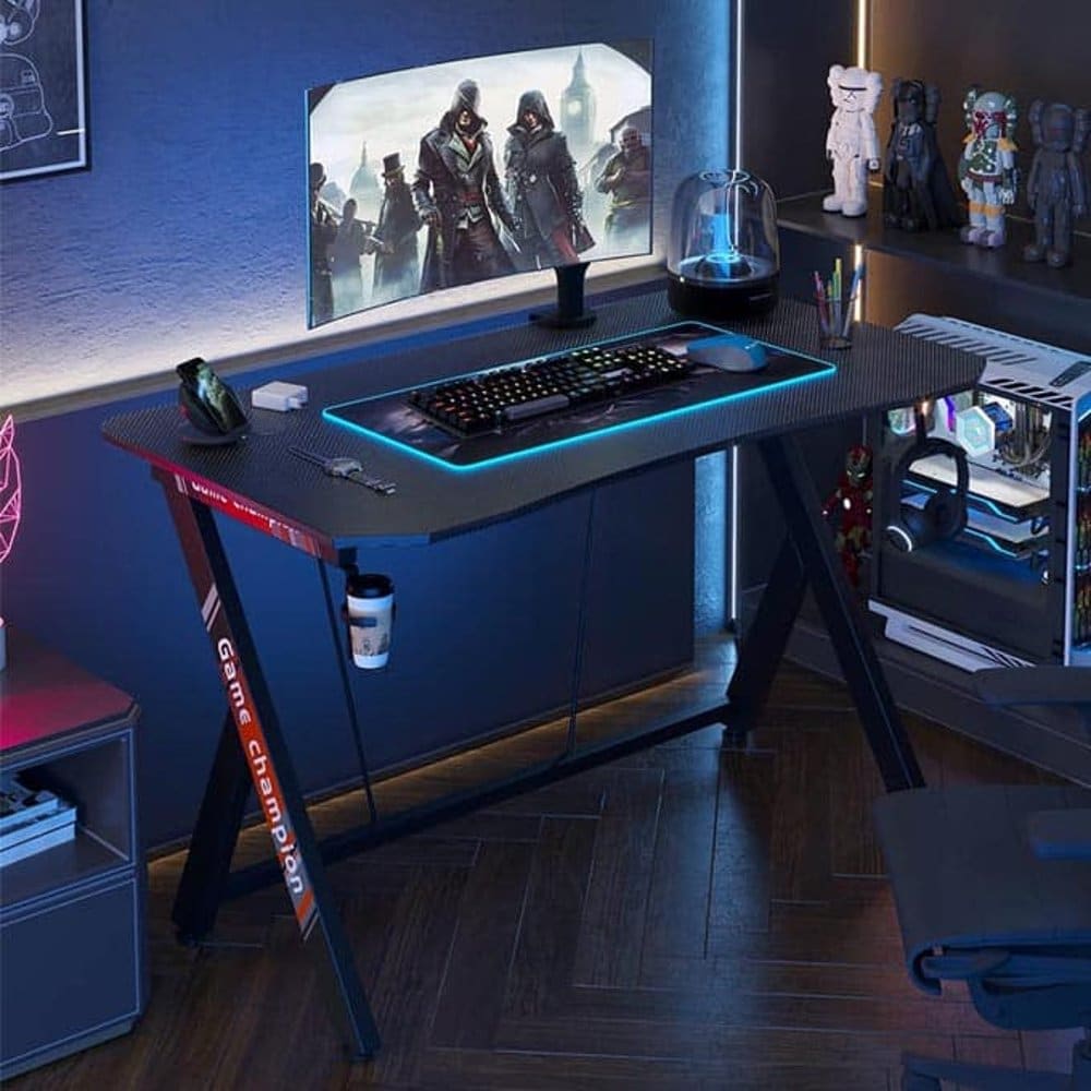 Ergonomic Legend Gaming Desk w/ Cup Holder & Headphone Rack