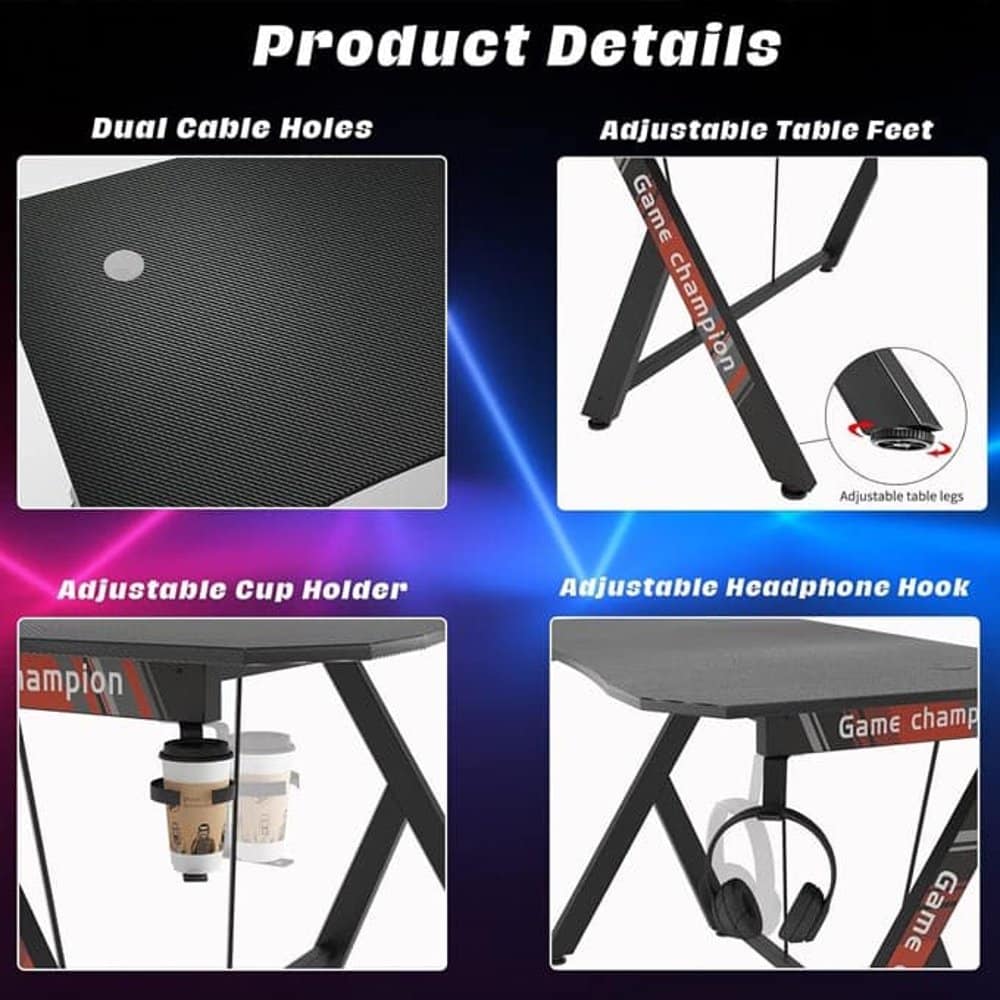 Ergonomic Legend Gaming Desk w/ Cup Holder & Headphone Rack