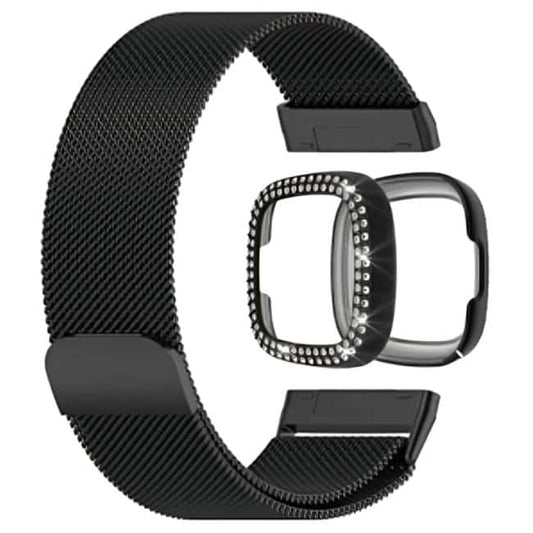 Milanese stra and PC case with diamond for Fitbit Versa 3 ,Sense - Black Combo