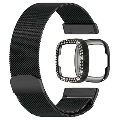 Milanese stra and PC case with diamond for Fitbit Versa 3 ,Sense - Gold Combo