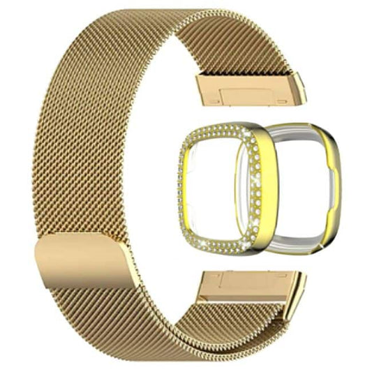 Milanese stra and PC case with diamond for Fitbit Versa 3 ,Sense - Gold Combo