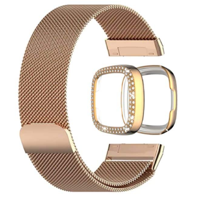 Milanese stra and PC case with diamond for Fitbit Versa 3 ,Sense - Gold Combo