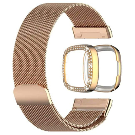Milanese stra and PC case with diamond for Fitbit Versa 3 ,Sense - Rose Gold Combo