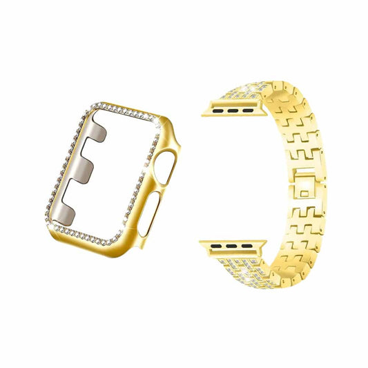 38mm Apple Watch Rhinestone PC Shiny Protective Frame + stainless-steel strap - Gold