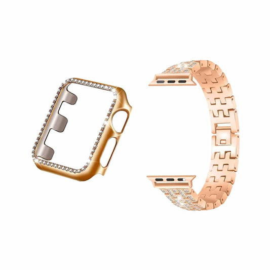 38mm Apple Watch Rhinestone PC Shiny Protective Frame + stainless-steel strap - Rose Gold