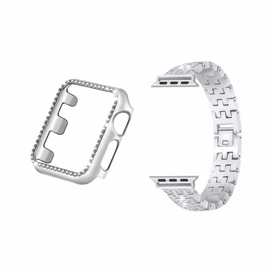 38mm Apple Watch Rhinestone PC Shiny Protective Frame + stainless-steel strap - Silver
