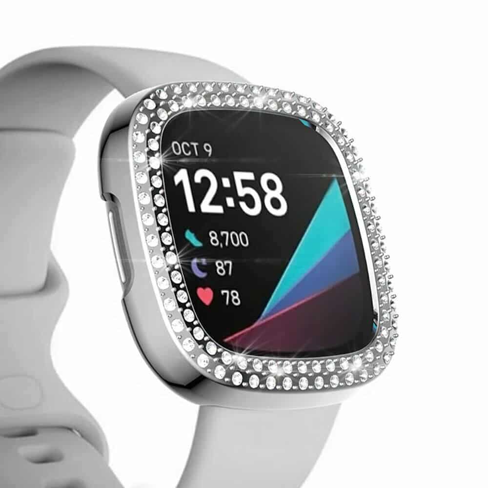 PC case with diamond for Fitbit Versa 3 ,Sense - Silver