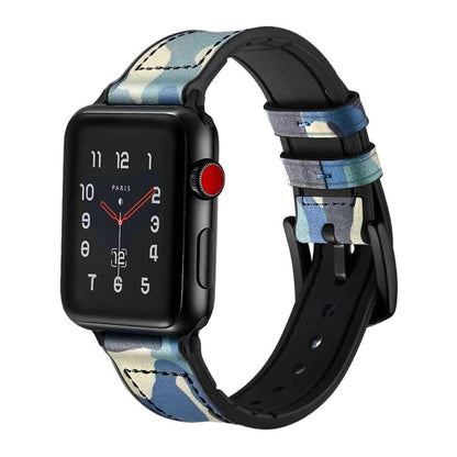 Genuine Leather & Silicone Strap for 42/44/45/49mm Apple Watch- Blue Camo