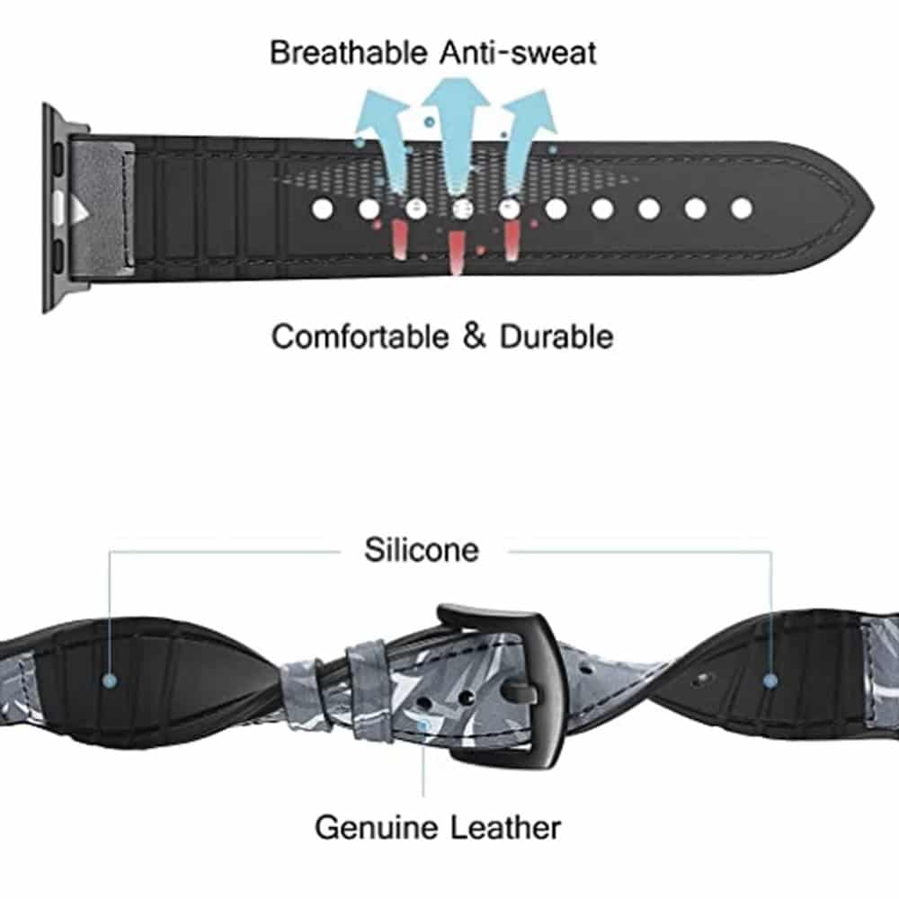Genuine Leather & Silicone Strap for 42/44/45/49mm Apple Watch- Green Camo