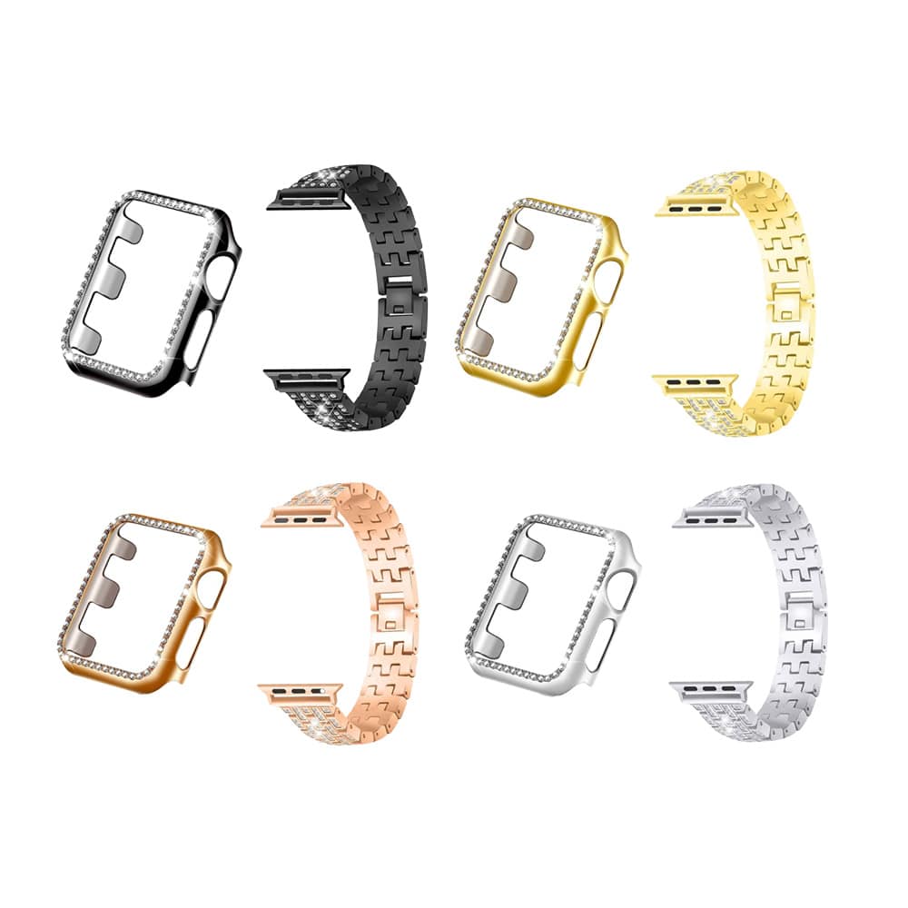 38mm Apple Watch Rhinestone PC Shiny Protective Frame + stainless-steel strap - Gold