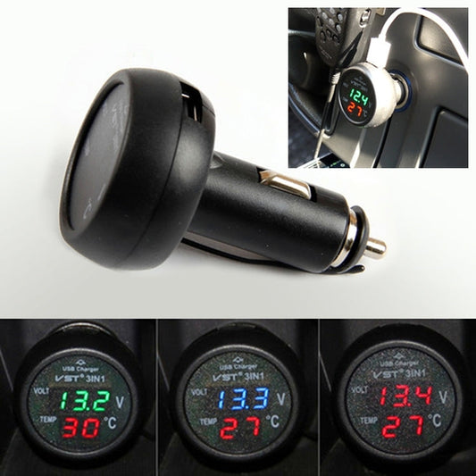 3 in 1 Universal Car Digital Voltage Meter Temperature Meter USB Charger DC12 24V Random Color Delivery