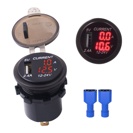 Universal Car Single Port USB Charger Power Outlet Adapter 2 4A 5V IP66 with LED Digital Voltmeter Ammeter Red Light