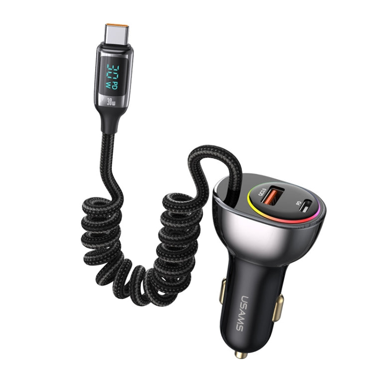 USAMS US CC192 C37 60W Type C USB Dual Port Car Charger with Digital Display 30W Type C Spring Data Cable Tarnish