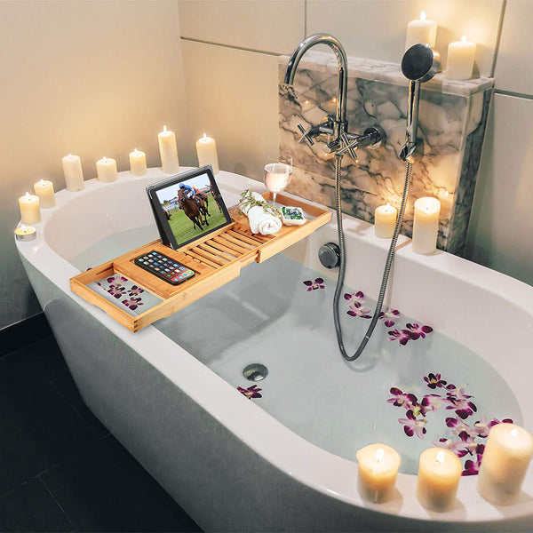 Bathtub Caddy Tray Natural Bamboo Wood Adjustable Bathtub Caddy and Bed Tray