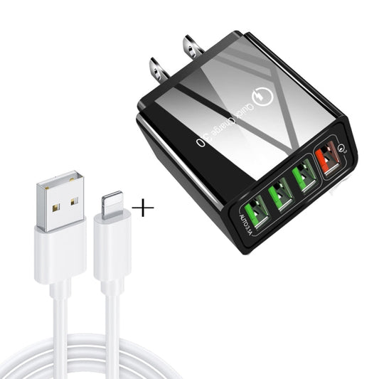2 in 1 1m USB to 8 Pin Data Cable 30W QC 3 0 4 USB Interfaces Mobile Phone Tablet PC Universal Quick Charger Travel Charger Set US Plug Black
