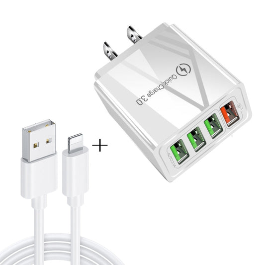 2 in 1 1m USB to 8 Pin Data Cable 30W QC 3 0 4 USB Interfaces Mobile Phone Tablet PC Universal Quick Charger Travel Charger Set US Plug White
