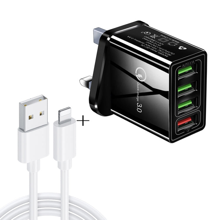 2 in 1 1m USB to 8 Pin Data Cable 30W QC 3 0 4 USB Interfaces Mobile Phone Tablet PC Universal Quick Charger Travel Charger Set UK Plug Black